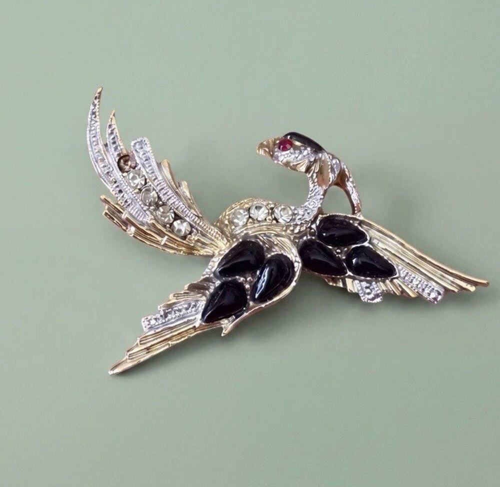Vintage Phoenix Firebird Brooch Rhinestone Black Enamel Gold Tone Figural Bird
